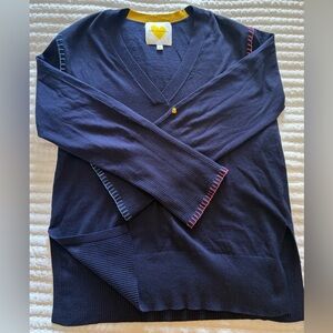 Kerry Rosenthal - Agnes B. Navy V-Neck Sweater with Contrast Stitching